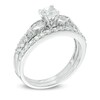 Thumbnail Image 1 of 4.0mm Lab-Created White Sapphire and 0.18 CT. T.W. Diamond Bridal Set in 10K White Gold