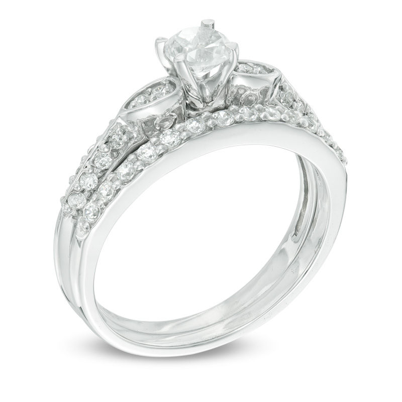 4.0mm Lab-Created White Sapphire and 0.18 CT. T.W. Diamond Bridal Set 10K Gold
