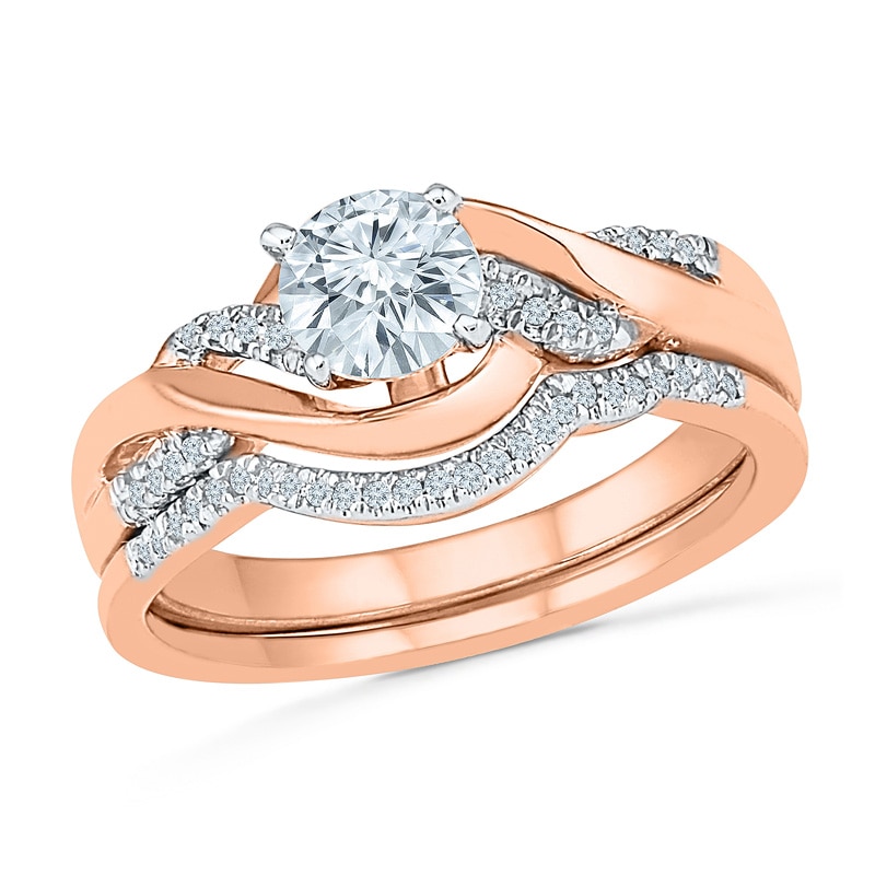 White Lab-Created Sapphire and Diamond Accent Twist Bridal Set in 10K Rose Gold