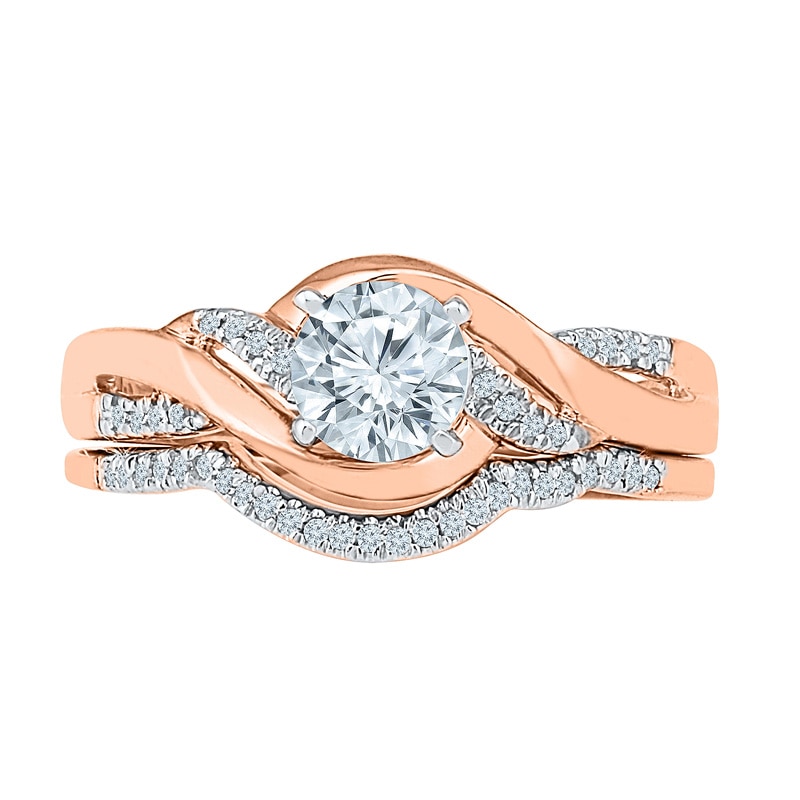 White Lab-Created Sapphire and Diamond Accent Twist Bridal Set in 10K Rose Gold