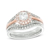 4.8mm Lab-Created White Sapphire and 0.22 CT. T.W. Diamond Frame Bridal Set in Sterling Silver and 10K Rose Gold