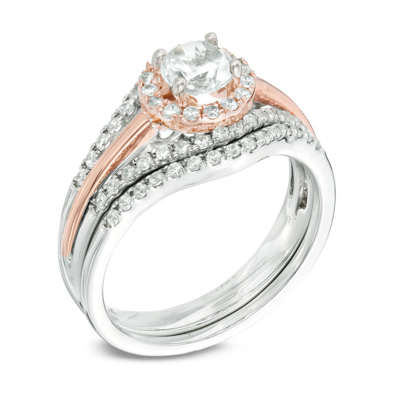 4.8mm Lab-Created White Sapphire and 0.22 CT. T.W. Diamond Frame Bridal Set Sterling Silver 10K Rose Gold