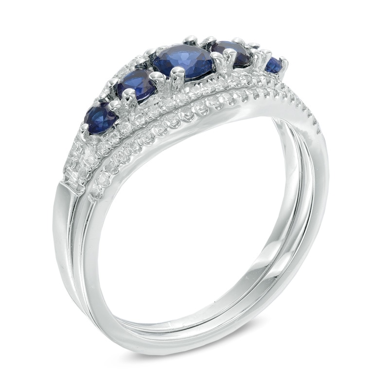 Main Image 2 of Lab-Created Blue Sapphire and 0.22 CT. T.W. Diamond Split Shank Bridal Set in 10K White Gold