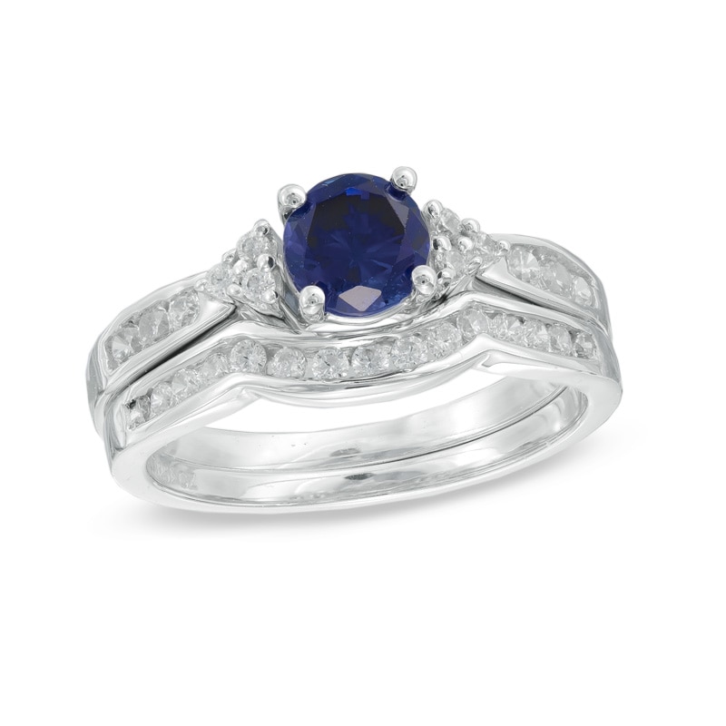 4.8mm Lab-Created Blue Sapphire and 0.37 CT. T.W. Diamond Tri-Sides Bridal Set in 10K White Gold