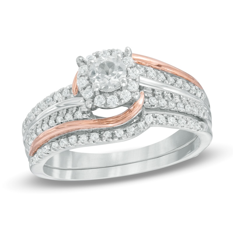 Lab-Created White Sapphire and 0.22 CT. T.W. Diamond Frame Swirl Bridal Set in Sterling Silver and 10K Rose Gold