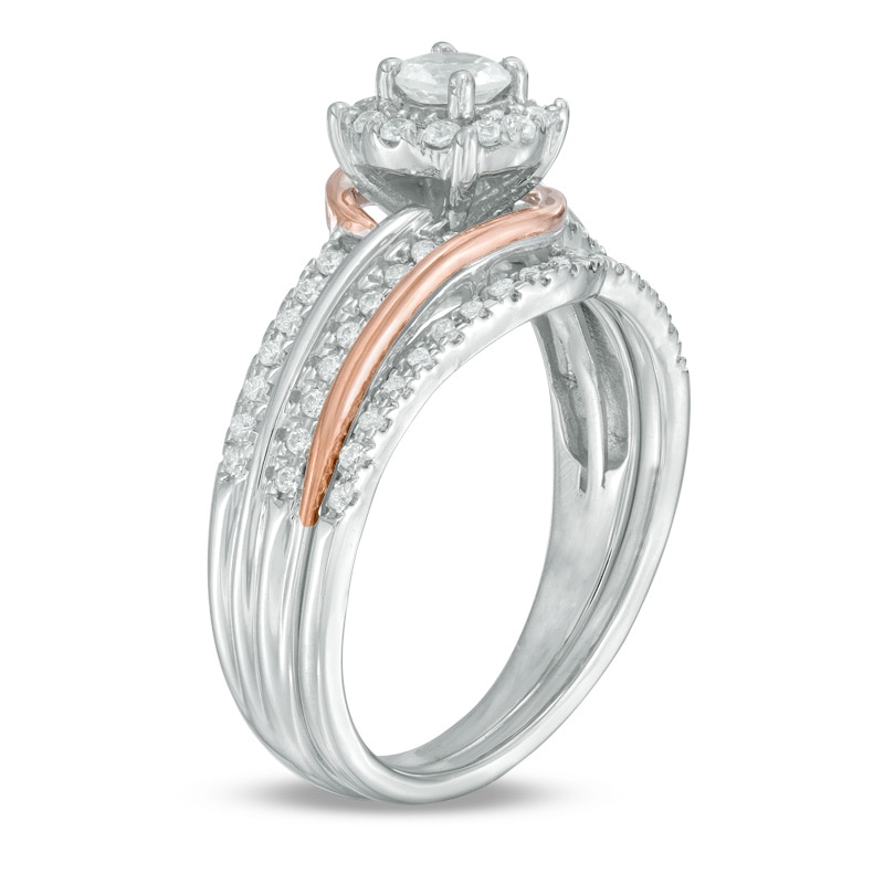 Lab-Created White Sapphire and 0.22 CT. T.W. Diamond Frame Swirl Bridal Set in Sterling Silver and 10K Rose Gold