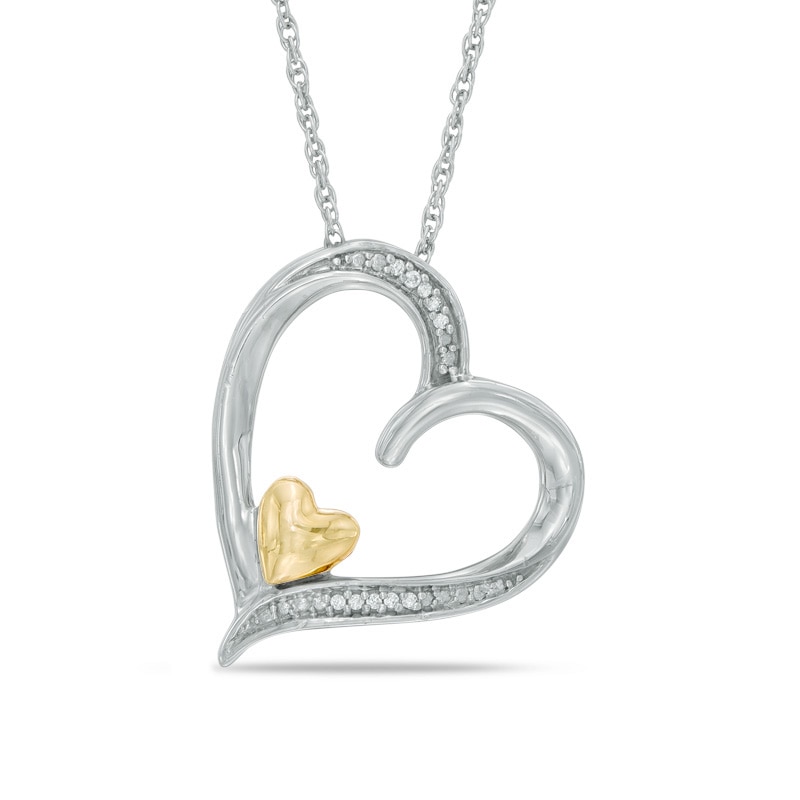 Diamond Accent Tilted Double Heart Pendant in Sterling Silver and 10K