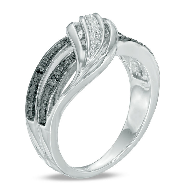 Black and White Diamond Accent Split Wave Double Row Ring Sterling Silver