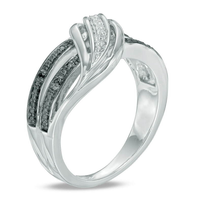 Main Image 2 of Black and White Diamond Accent Split Wave Double Row Ring in Sterling Silver