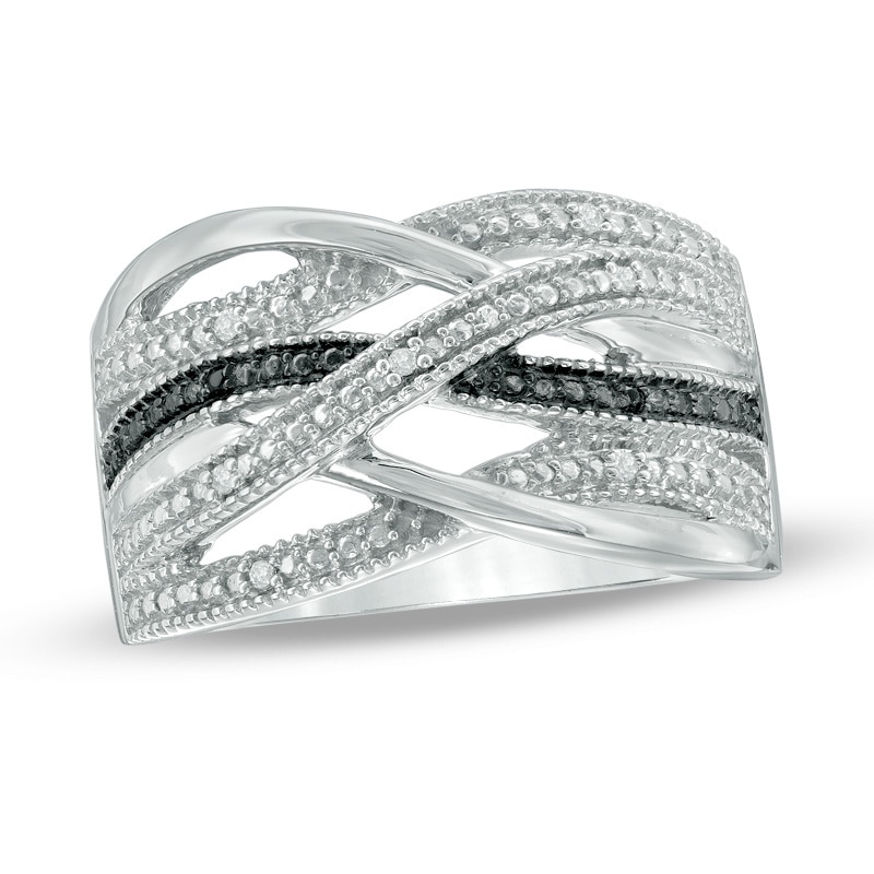 Black and White Diamond Accent Loose Woven Multi-Row Ring in Sterling Silver