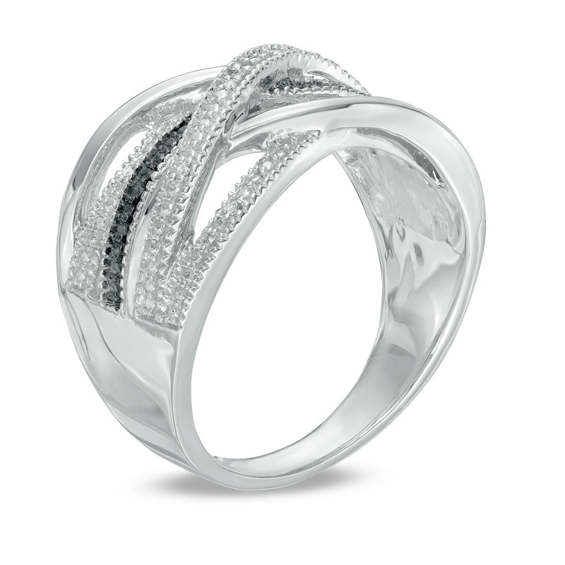 Black and White Diamond Accent Loose Woven Multi-Row Ring in Sterling Silver