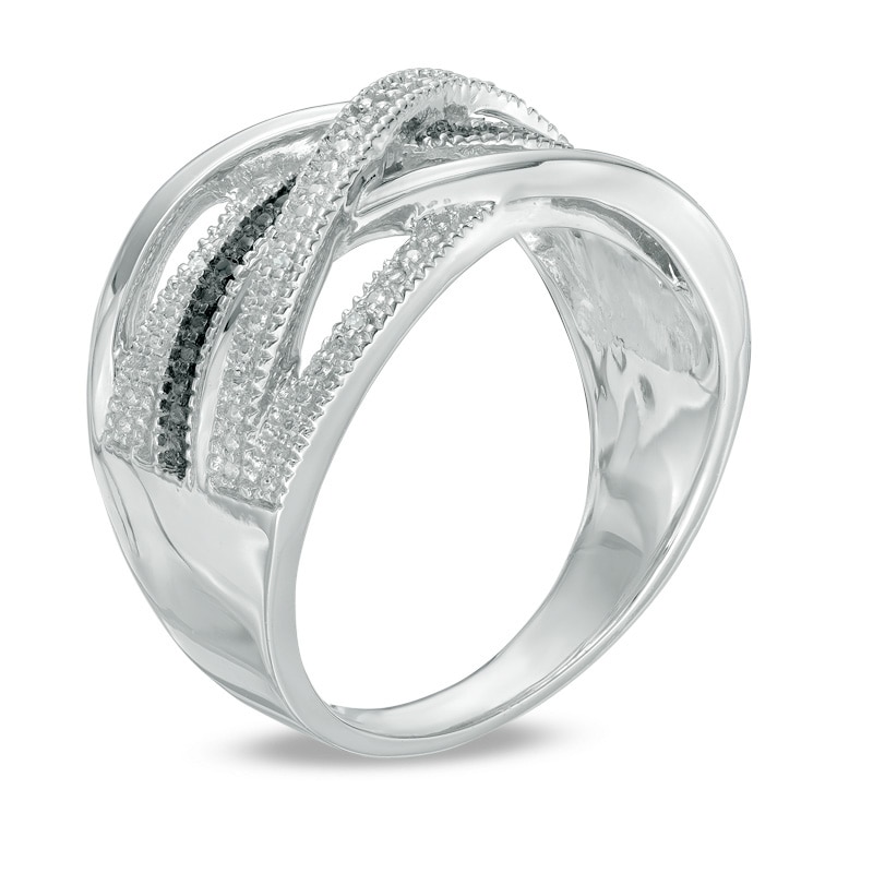 Main Image 2 of Black and White Diamond Accent Loose Woven Multi-Row Ring in Sterling Silver