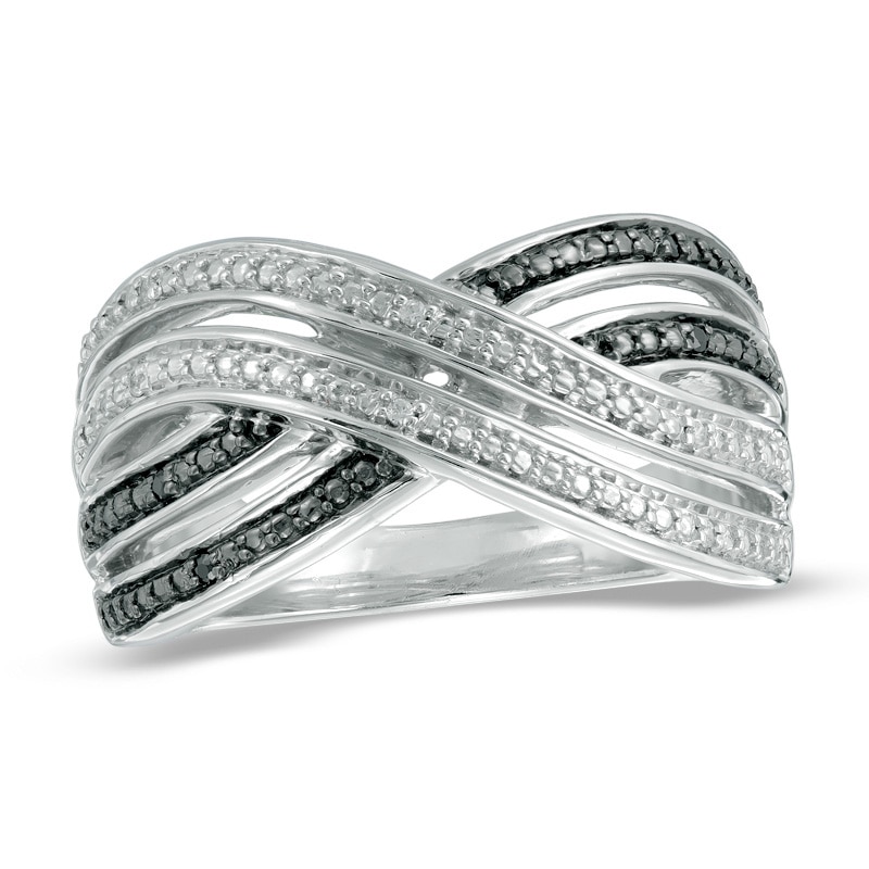 Enhanced Black and White Diamond Accent Double Ribbon Crossover Ring in Sterling Silver