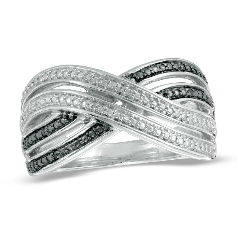 Black and White Diamond Accent Double Ribbon Crossover Ring in Sterling Silver|Peoples Jewellers