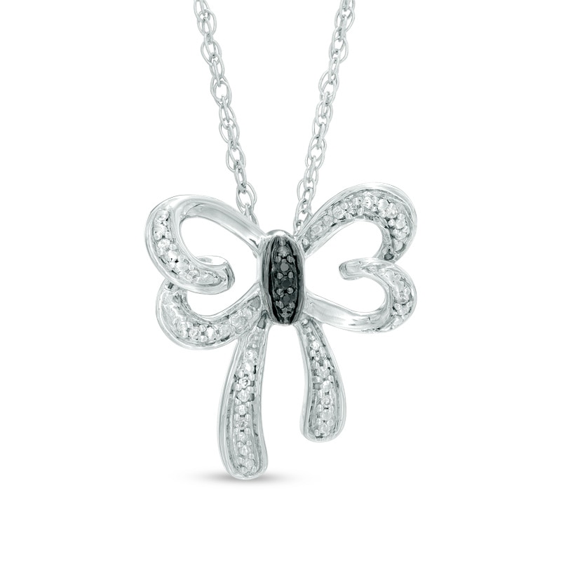 Main Image 1 of Black and White Diamond Accent Bow Necklace in Sterling Silver