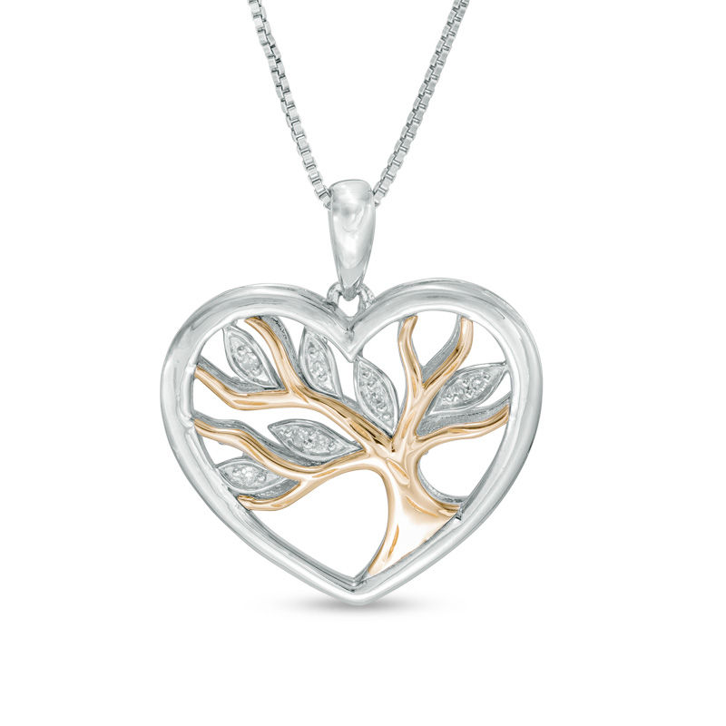 0.04 CT. T.W. Diamond Tree Heart Pendant in Sterling Silver and 14K Gold