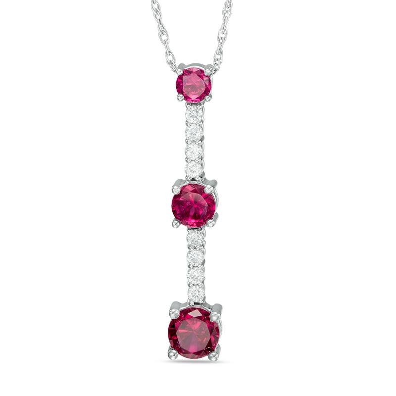 Lab-Created Ruby and White Sapphire Linear Three Stone Pendant in Sterling Silver