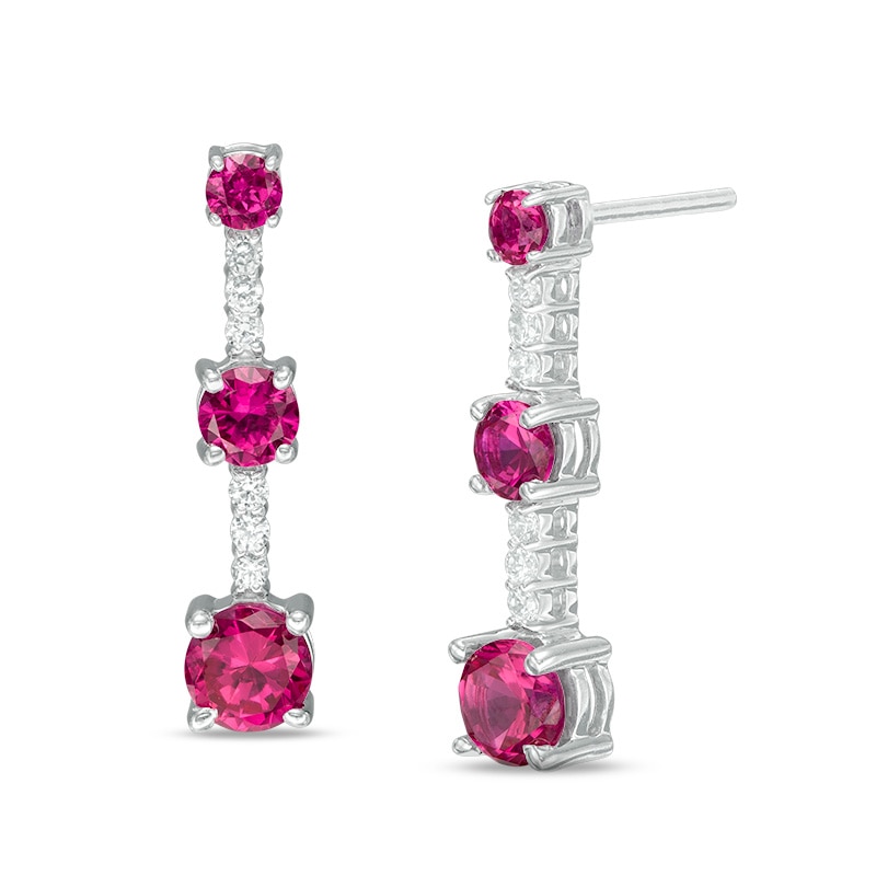 Lab-Created Ruby and White Sapphire Three Stone Drop Earrings in Sterling Silver|Peoples Jewellers