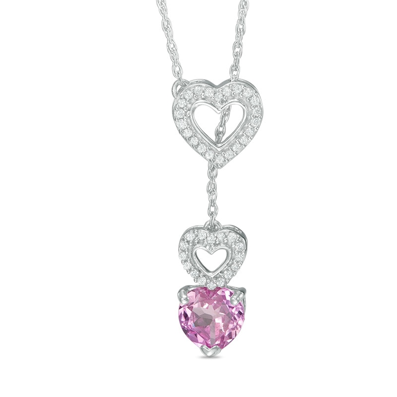 6.0mm Lab-Created Pink Sapphire and 0.11 CT. T.W. Diamond Heart Lariat Necklace in Sterling Silver|Peoples Jewellers