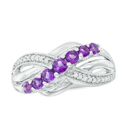 Amethyst and Diamond Accent Seven Stone Ring in Sterling Silver