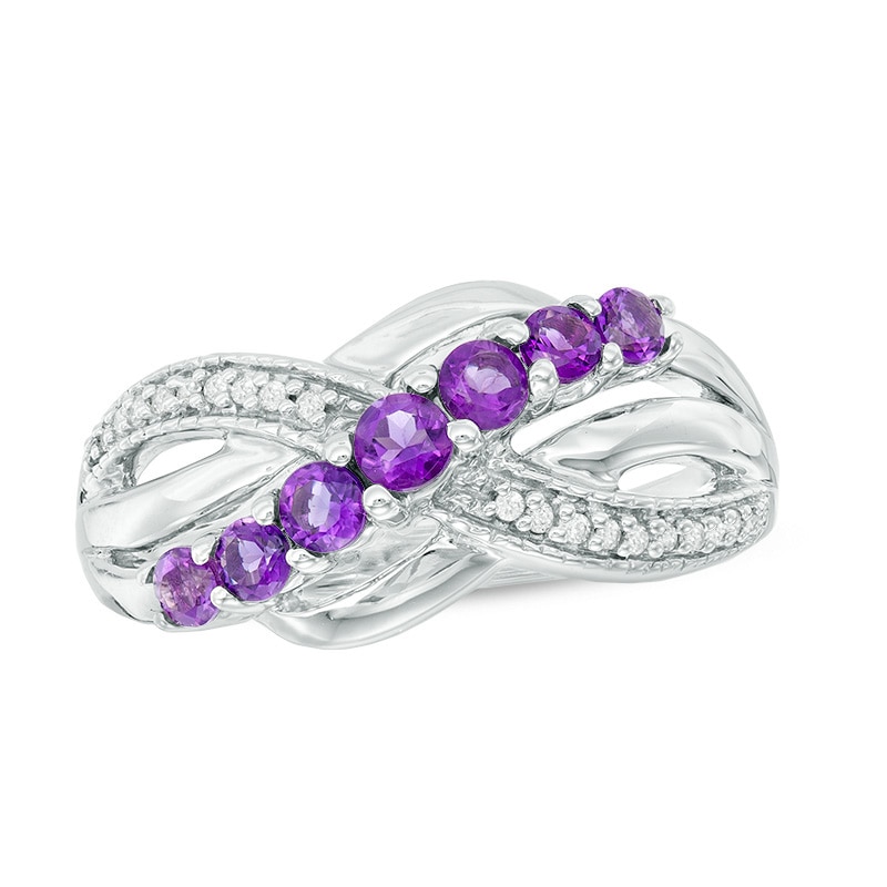 Amethyst and Diamond Accent Seven Stone Ring in Sterling Silver