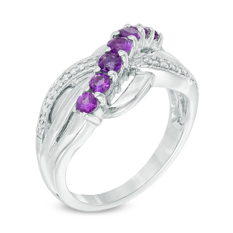 Amethyst and Diamond Accent Seven Stone Ring in Sterling Silver