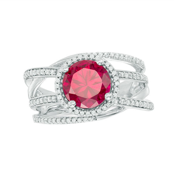8.0mm LabCreated Ruby and 0.32 CT. T.W. Diamond Frame Orbit Ring in