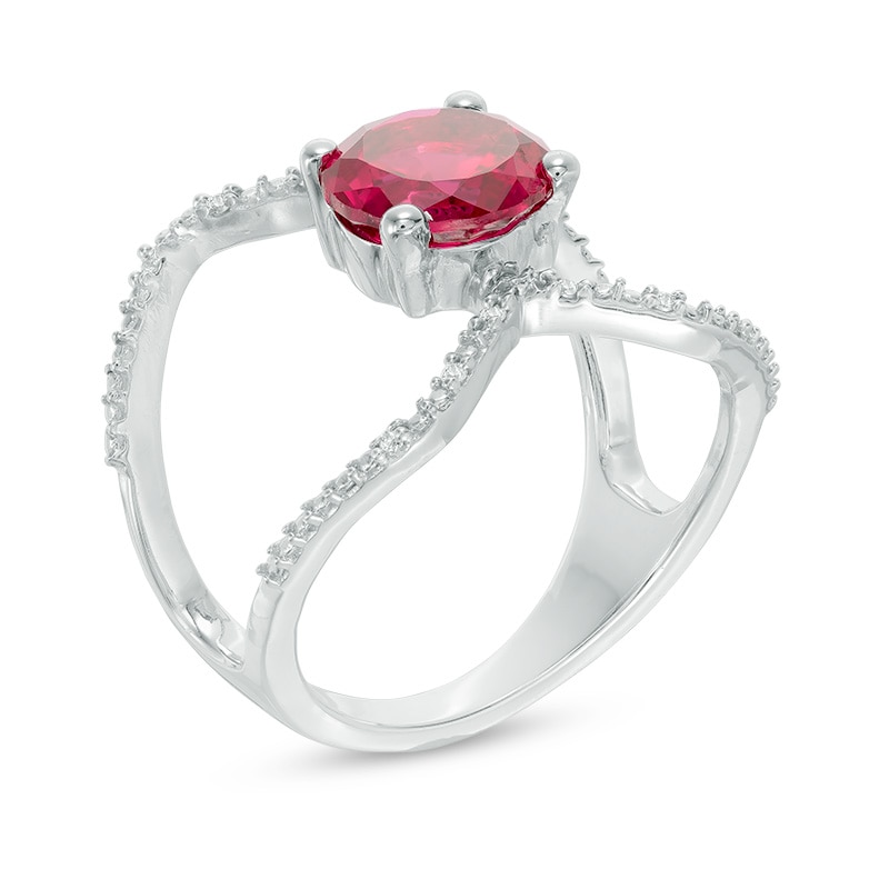7.5mm Lab-Created Ruby and Diamond Accent Orbit Ring in Sterling Silver