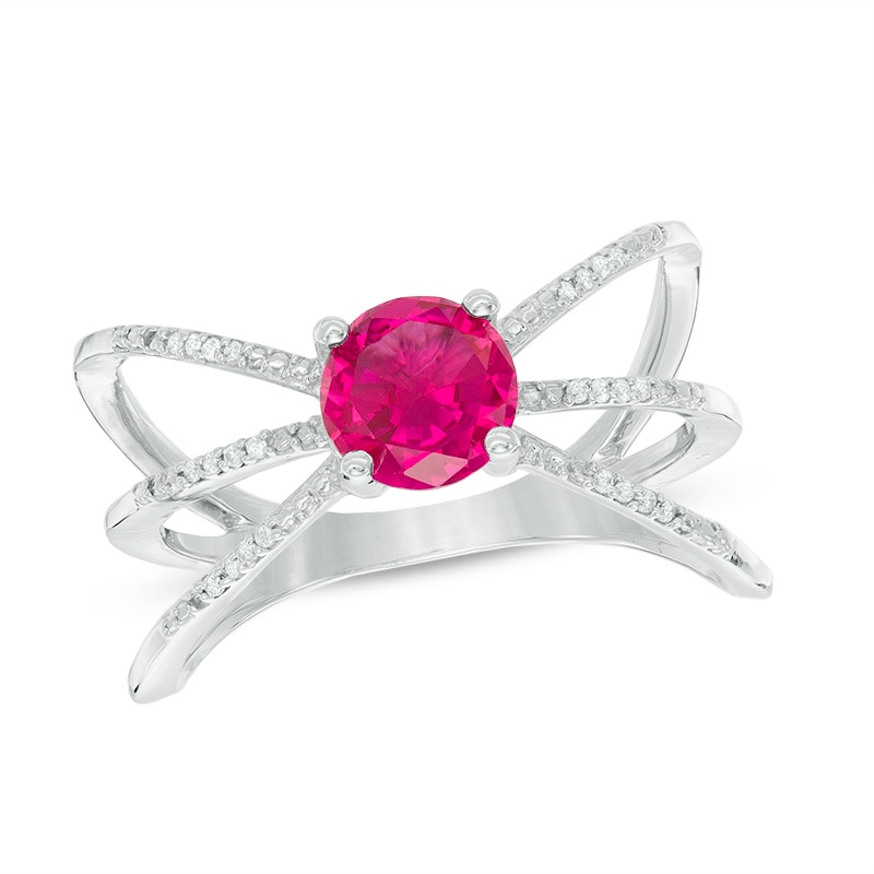 6.0mm Lab-Created Ruby and Diamond Accent Triple Row Orbit Ring in Sterling Silver