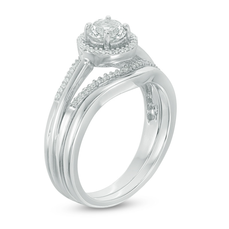 5.0mm Lab-Created White Sapphire and 0.09 CT. T.W. Diamond Frame Split Shank Bridal Set in Sterling Silver