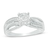 6.0mm Lab-Created White Sapphire and 0.09 CT. T.W. Diamond Slant Bridal Set in Sterling Silver