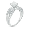 6.0mm Lab-Created White Sapphire and 0.09 CT. T.W. Diamond Slant Bridal Set in Sterling Silver