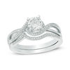 Thumbnail Image 0 of 5.5mm White Lab-Created Sapphire and 0.08 CT. T.W. Diamond Swirl Frame Bridal Set in Sterling Silver