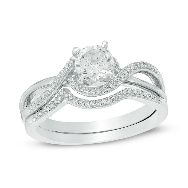 5.5mm Lab-Created White Sapphire and Diamond Accent Swirl Frame Bridal Set in Sterling Silver