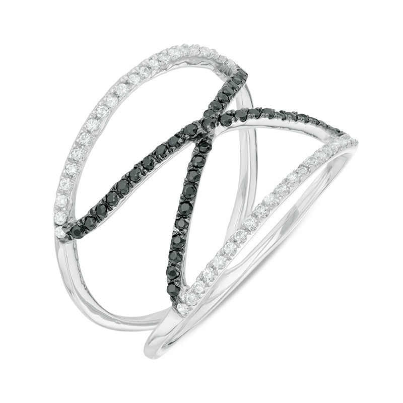 0.36 CT. T.W. Enhanced Black and White Diamond Open "X" Ring in Sterling Silver
