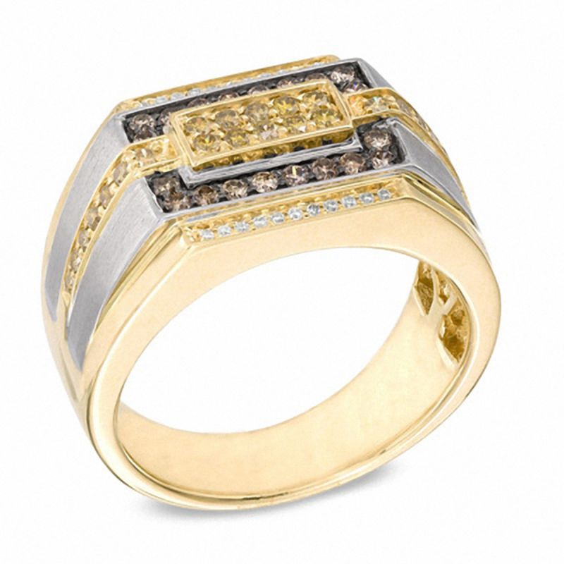 Men's 0.50 CT. T.W. Enhanced Yellow, Champagne, and White Diamond Rectangular Ring in 10K Two-Tone Gold|Peoples Jewellers