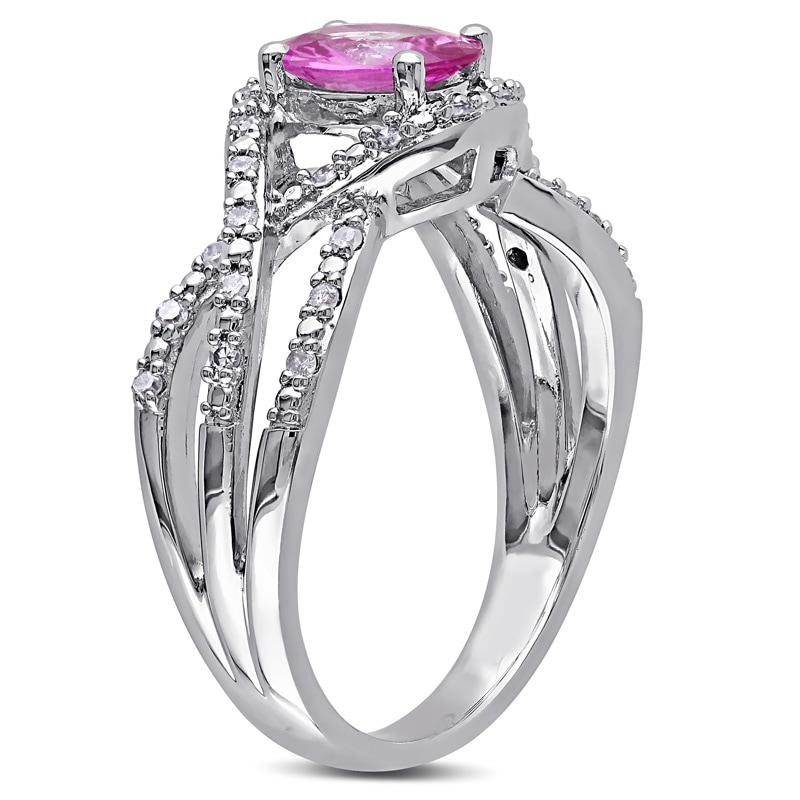 Oval Pink Sapphire and 0.15 CT. T.W. Diamond Crossover Ring in 10K White Gold