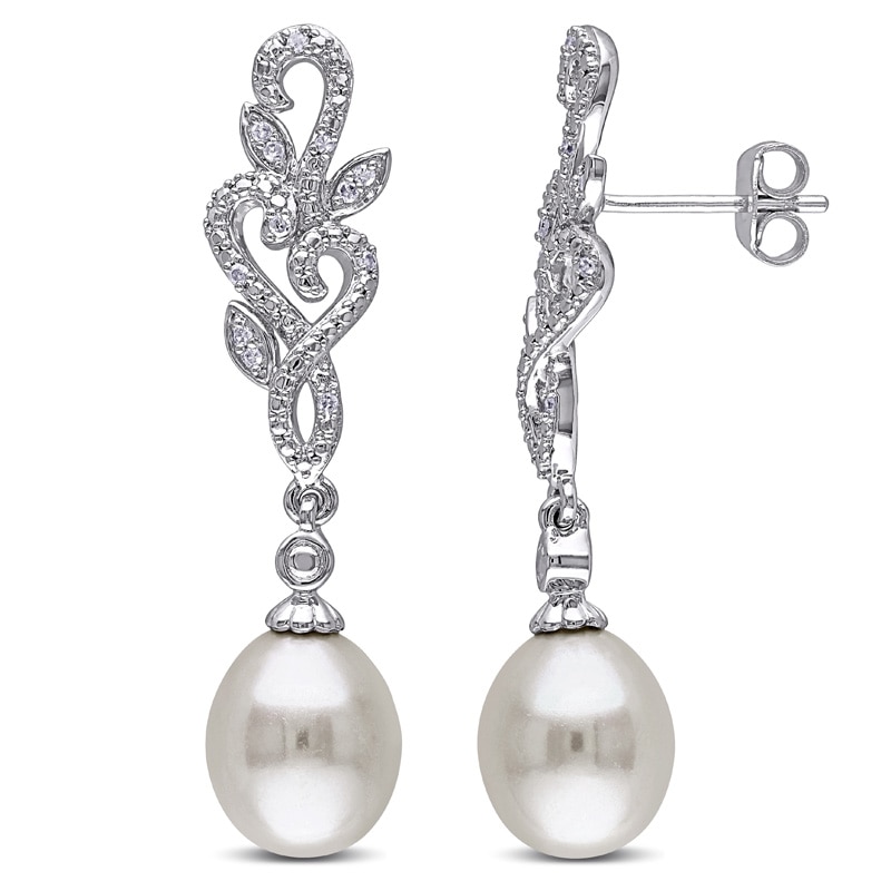 8.5 - 9.0mm Baroque Cultured Freshwater Pearl and 0.09 CT. T.W. Diamond Vine Drop Earrings in Sterling Silver