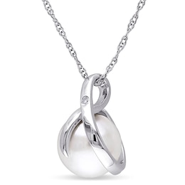 8.0-8.5mm Freshwater Cultured Pearl and Diamond Accent Loop Pendant in 10K White Gold-17"