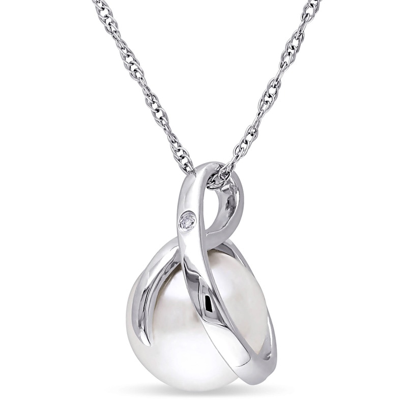 8.0 - 8.5mm Cultured Freshwater Pearl and Diamond Accent Loop Pendant in 10K White Gold - 17"