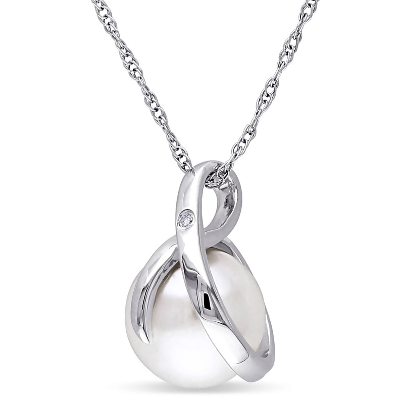 Main Image 1 of 8.0-8.5mm Freshwater Cultured Pearl and Diamond Accent Loop Pendant in 10K White Gold-17"
