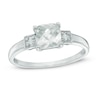 Thumbnail Image 0 of 6.0mm Cushion-Cut Lab-Created White Sapphire and Diamond Accent Three Stone Ring in Sterling Silver