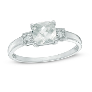 6.0mm Cushion-Shaped Lab-Created White Sapphire and Diamond Accent Three Stone Ring in Sterling Silver