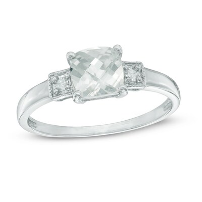 6.0mm Cushion-Shaped Lab-Created White Sapphire and Diamond Accent Three Stone Ring in Sterling Silver