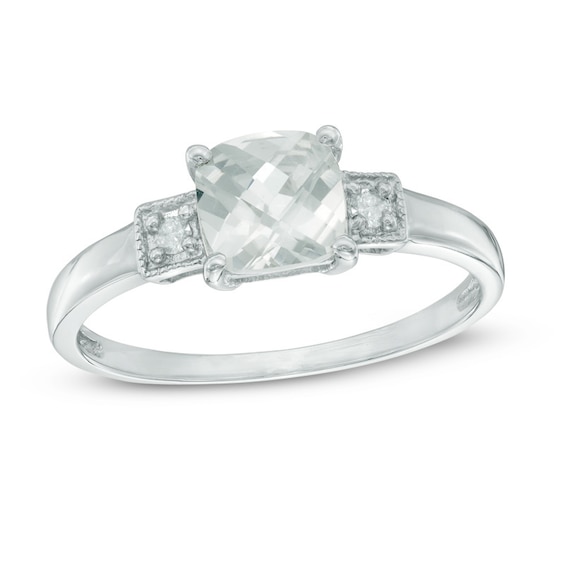 6.0mm Cushion-Shaped Lab-Created White Sapphire and Diamond Accent Three Stone Ring in Sterling Silver