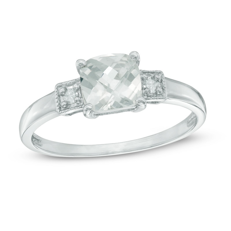6.0mm Cushion-Shaped Lab-Created White Sapphire and Diamond Accent Three Stone Ring in Sterling Silver