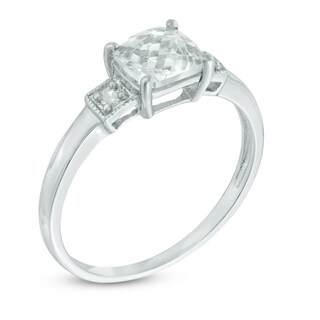 6.0mm Cushion-Shaped Lab-Created White Sapphire and Diamond Accent Three Stone Ring in Sterling Silver