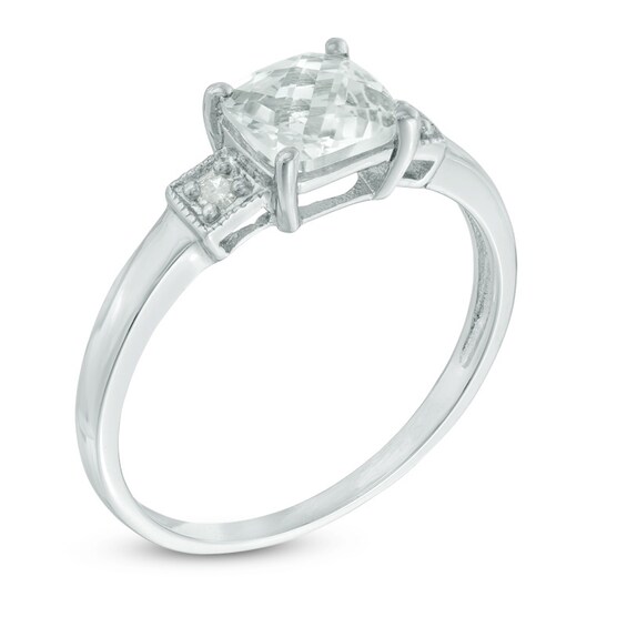 6.0mm Cushion-Shaped Lab-Created White Sapphire and Diamond Accent Three Stone Ring in Sterling Silver