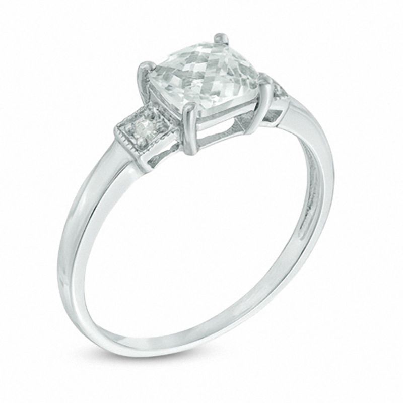 6.0mm Cushion-Shaped Lab-Created White Sapphire and Diamond Accent Three Stone Ring Sterling Silver