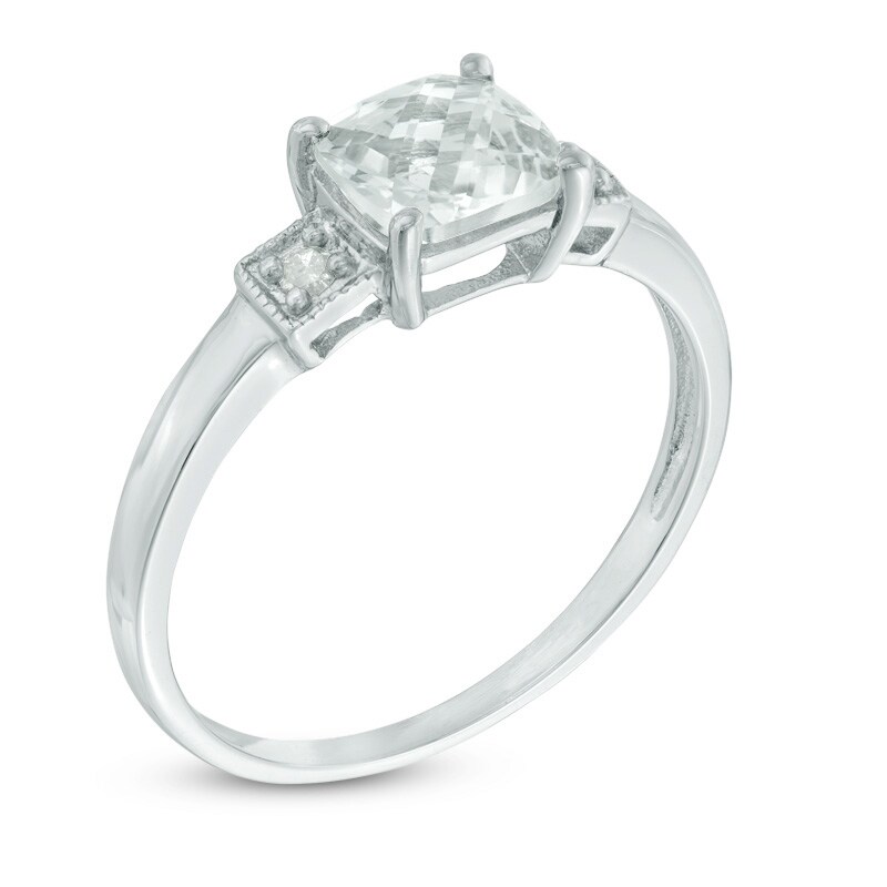 6.0mm Cushion-Shaped Lab-Created White Sapphire and Diamond Accent Three Stone Ring in Sterling Silver